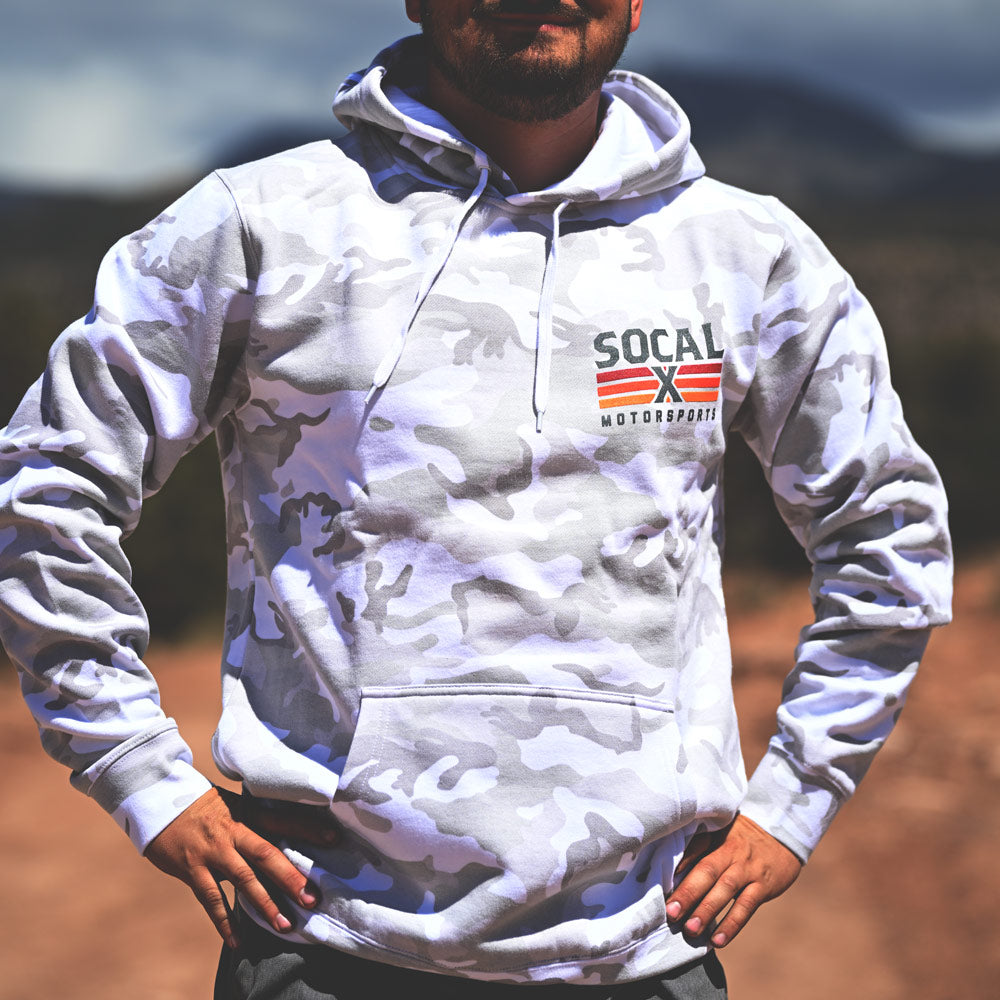 white camo hoodie with socalx logo
