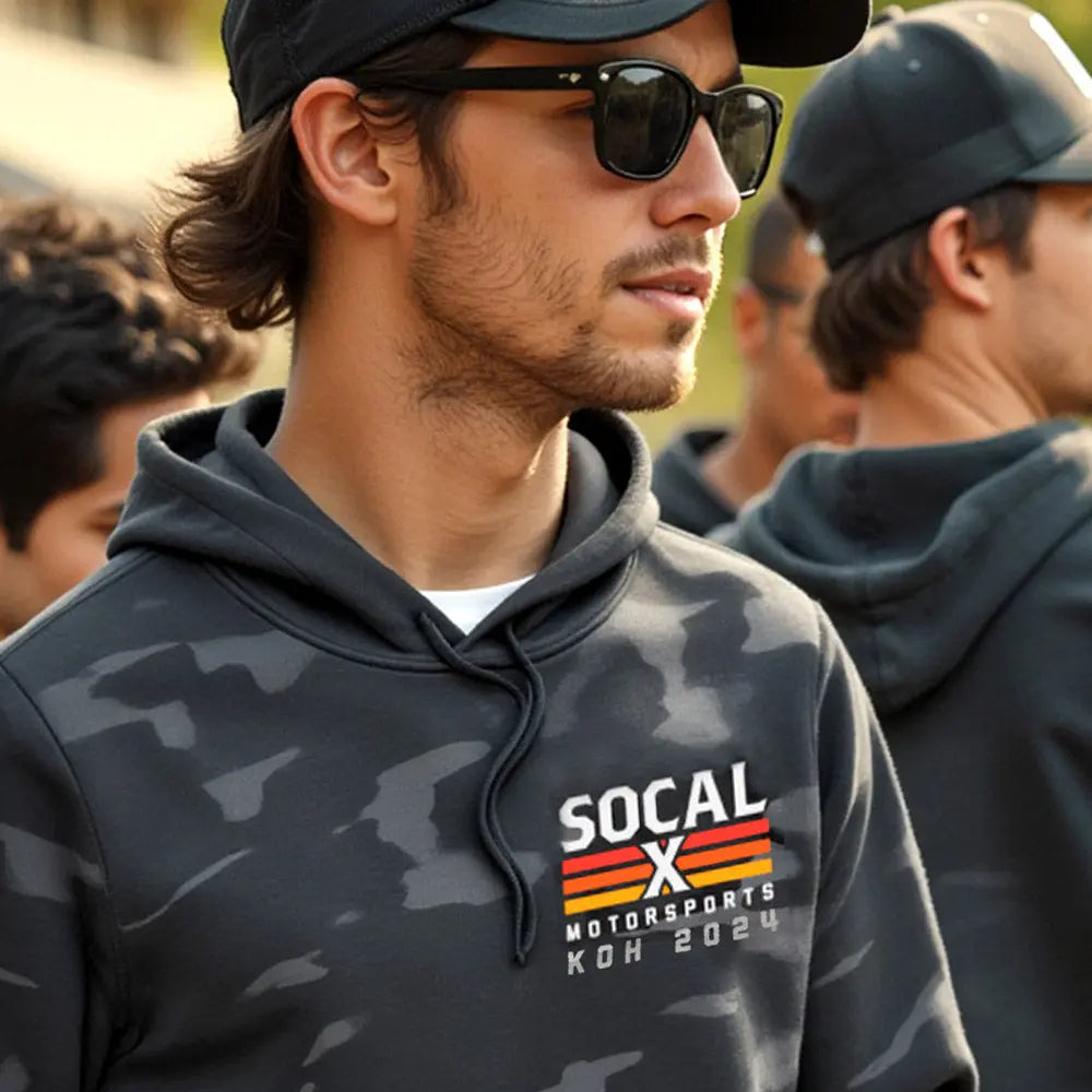 Men's black camo hoodie with Socalx and KOH2024 logos