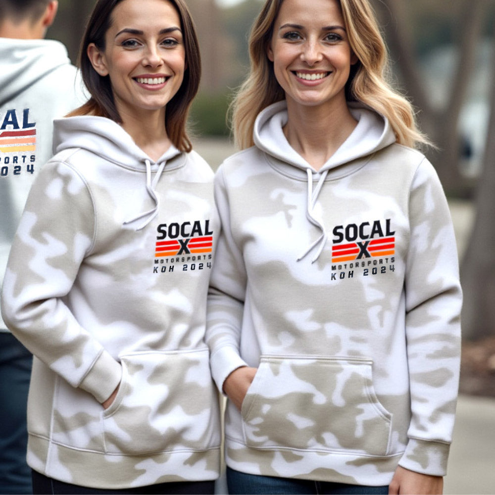 White camo hoodies with Socalx and KOH2024 logos