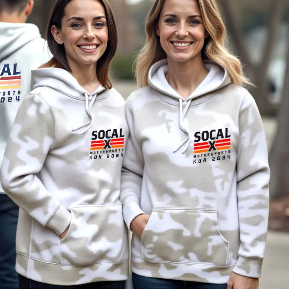 White camo hoodies with Socalx and KOH2024 logos