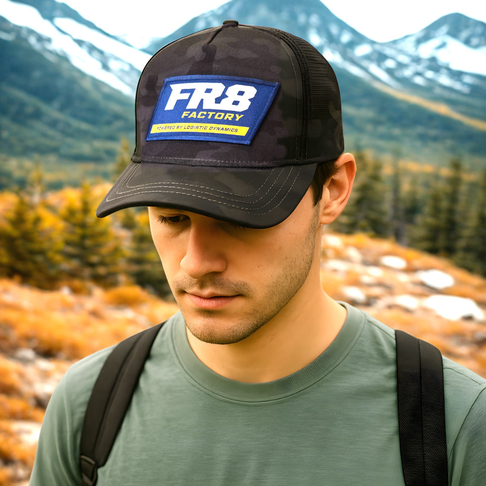 Black & Grey Camo Trucker Hat FR8 Factory Logo