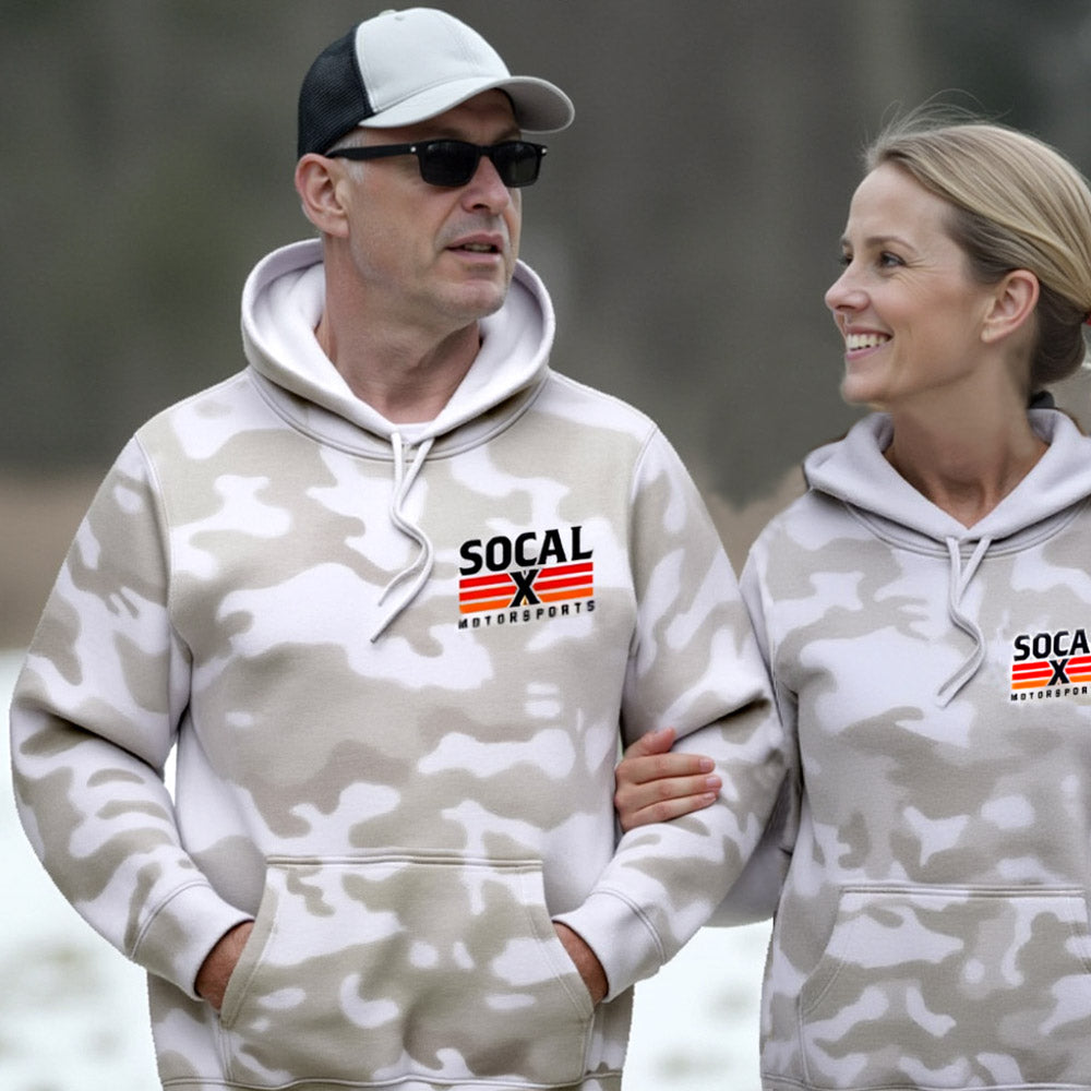 White & Grey Camo Hoodie with Socalx Motorsports Logo