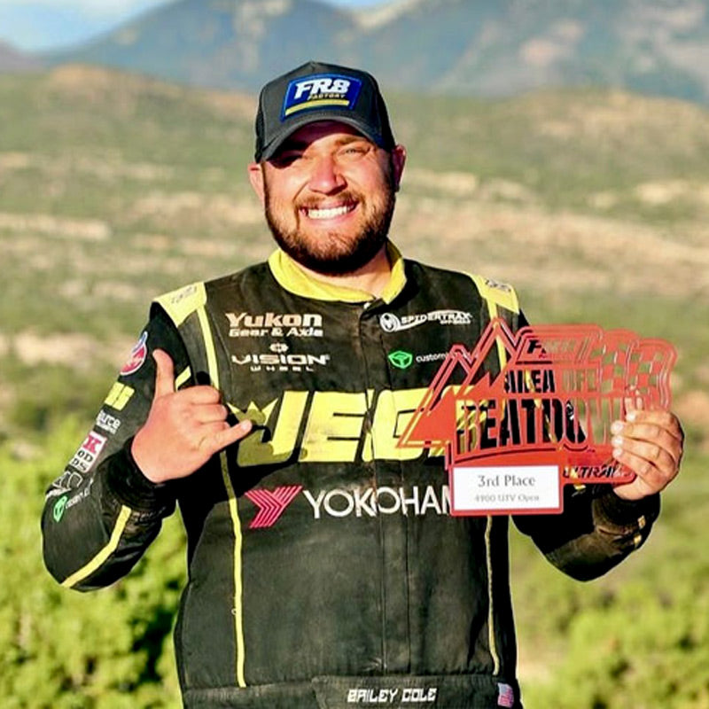 Bailey Cole wearing the FR8 Factory at as a sponsored racer at AreaBFE Beatdown race in Moab, Utah