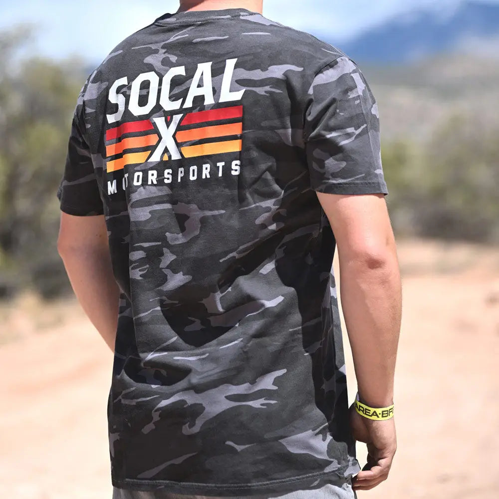Men's Black & Grey Camo T-Shirt w Socalx Motorsports Logo back of shirt