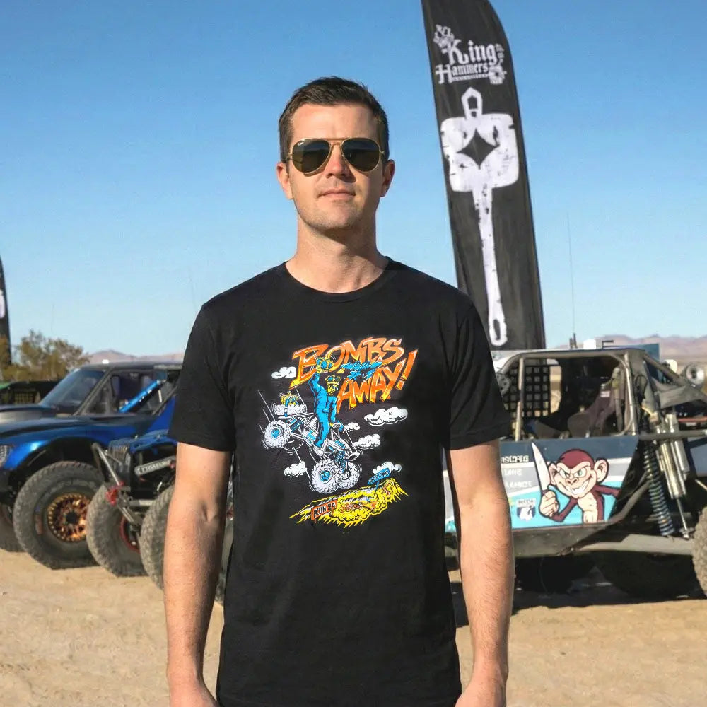 Men's Black T-Shirt w Nick Sawyers Artwork for KOH2024 Bombs Away! on KOH fan in Hammertown