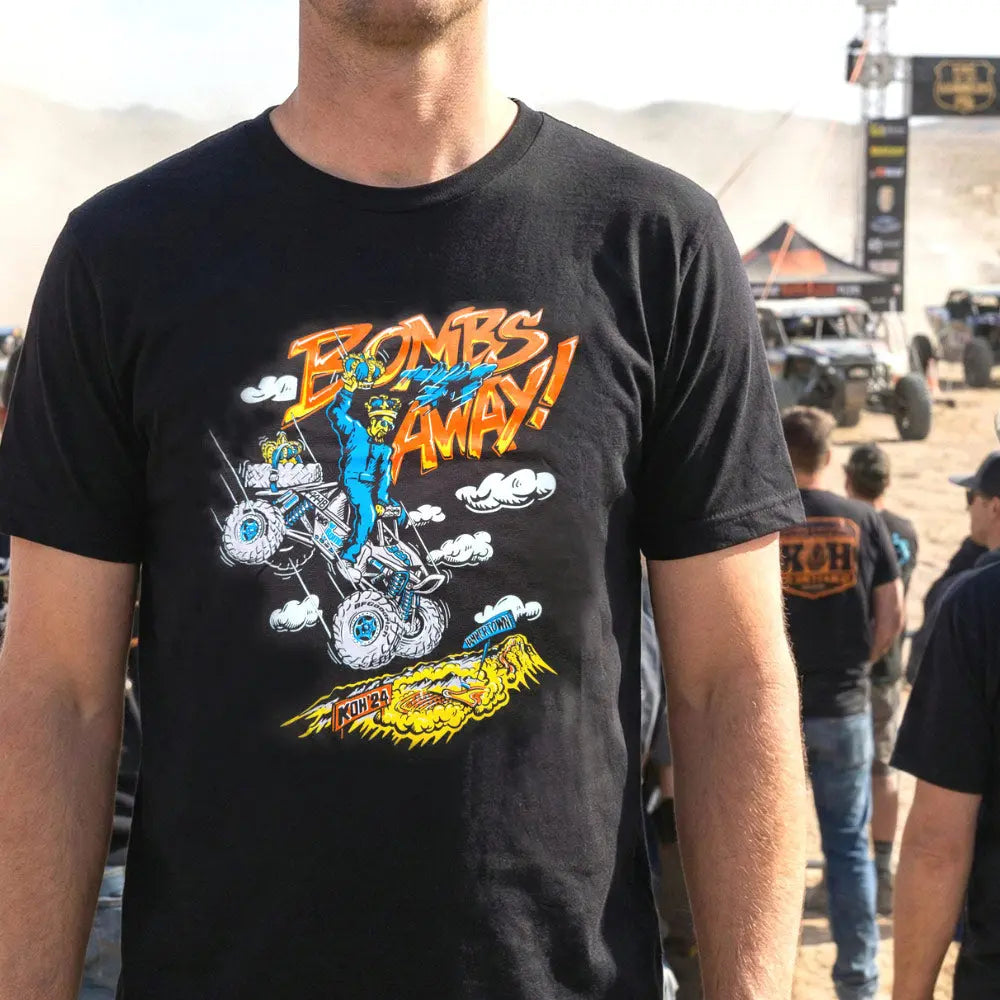 Men's Black T-Shirt w Nick Sawyers Artwork for KOH2024 Bombs Away! on KOH fan at King of the Hammers