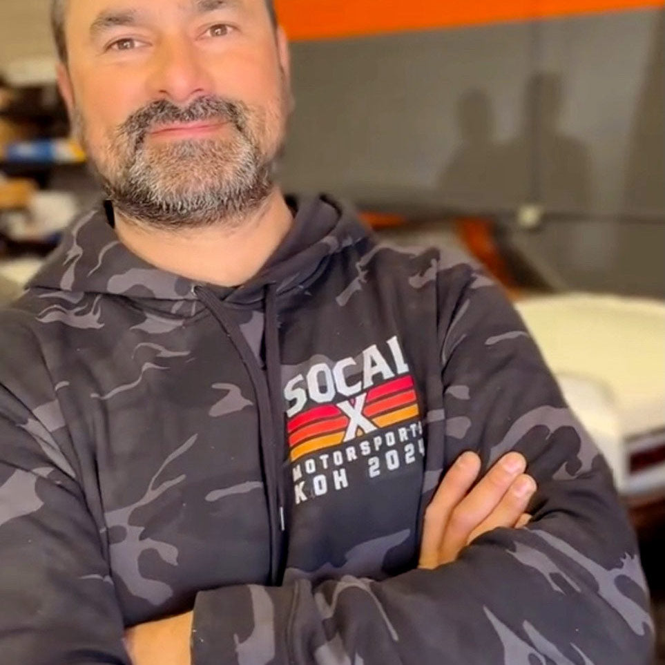 Black Camo Hoodie with Socalx KOH2024 logo on Jerry from Shift Autowerx