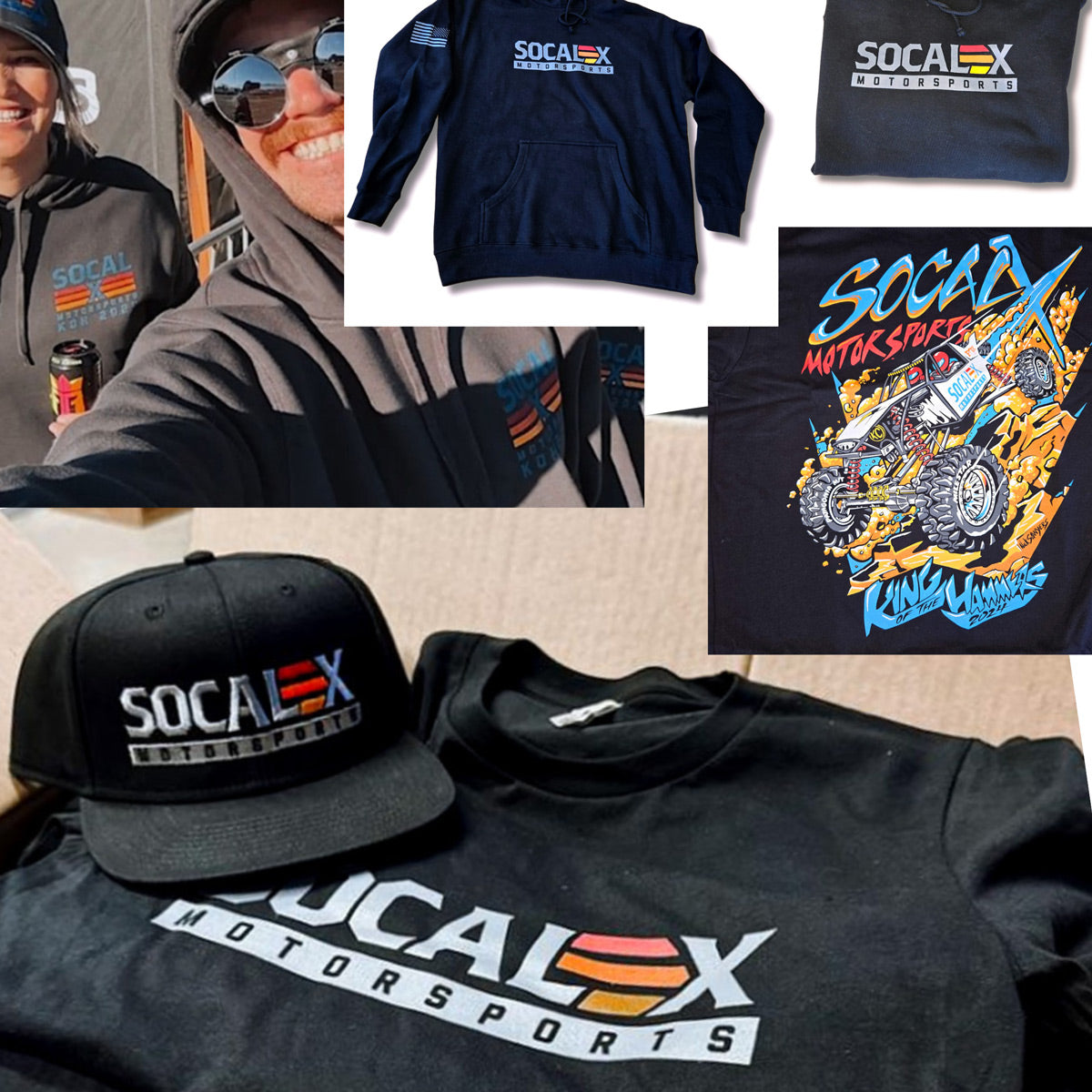 SocalX Motorsports apparel including trucker hats, t-shirts, sweatshirts and hoodies