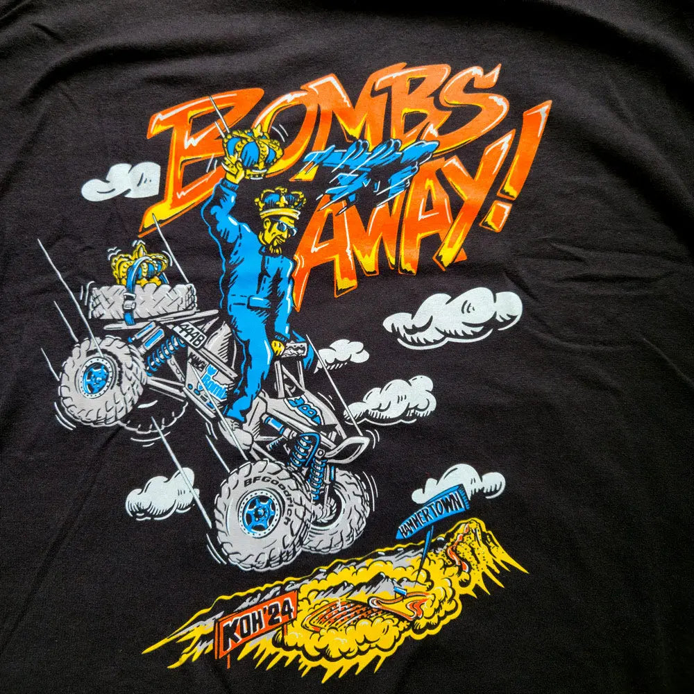 closeup of Nick Sawyers' artwork for Men's Black T-Shirt w Nick Sawyers Artwork for KOH2024 Bombs Away! 