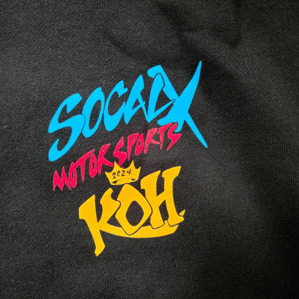 Men's Black Hoodie w Nick Sawyers Artwork KOH 2024 front logo closeup