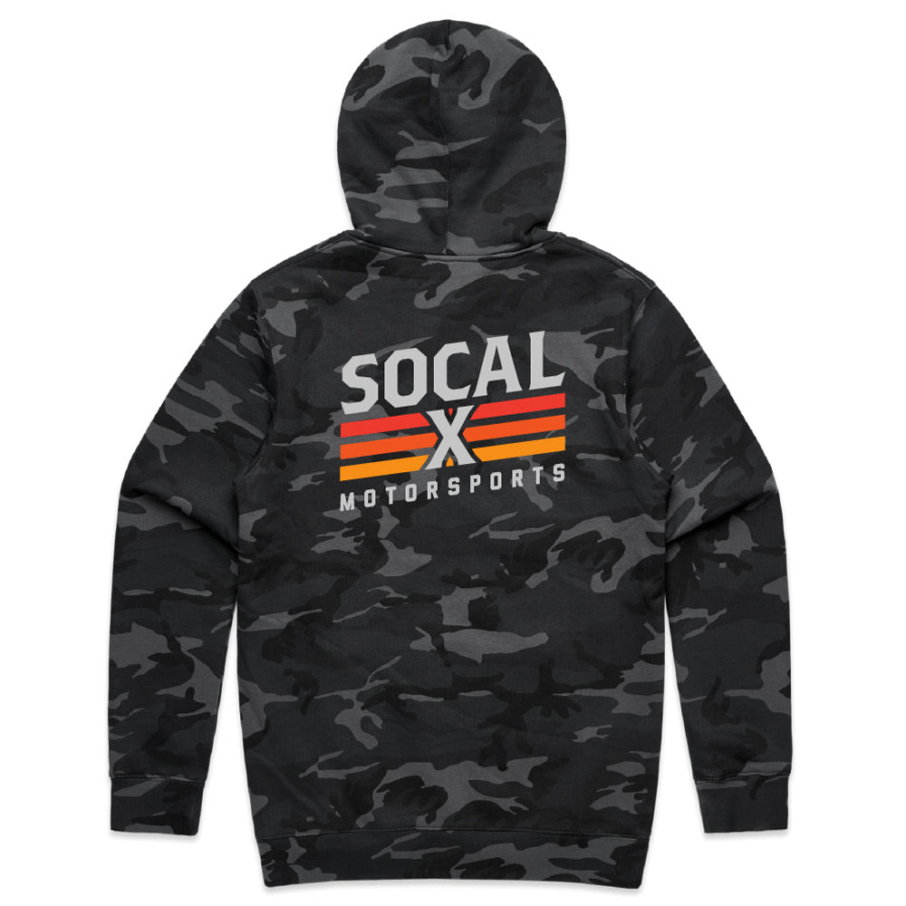 Black & Grey Camo Hoodie with Socalx Motorsports Logo rear view