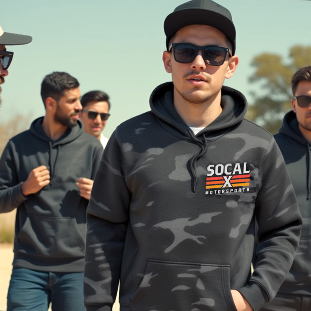 Black & Grey Camo Hoodie with Socalx Motorsports Logo