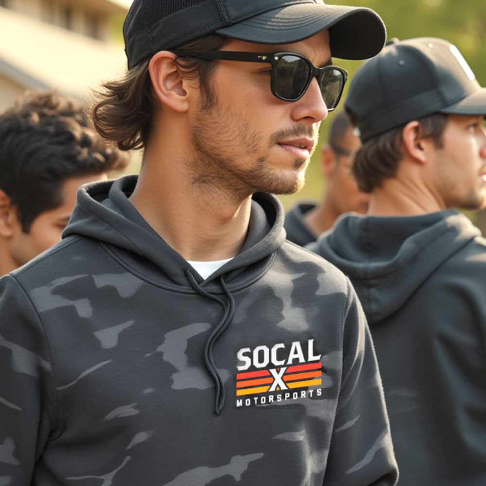 Black & Grey Camo Hoodie with Socalx Motorsports Logo