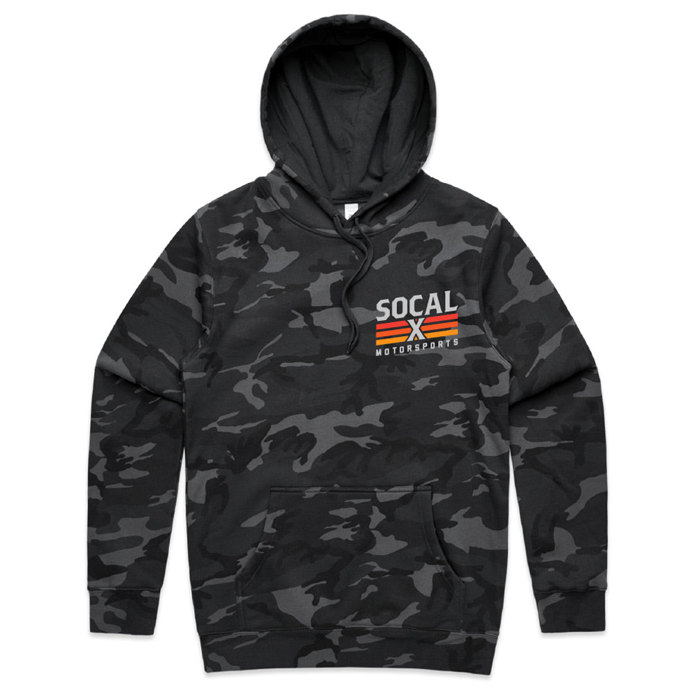 Black & Grey Camo Hoodie with Socalx Motorsports Logo front view