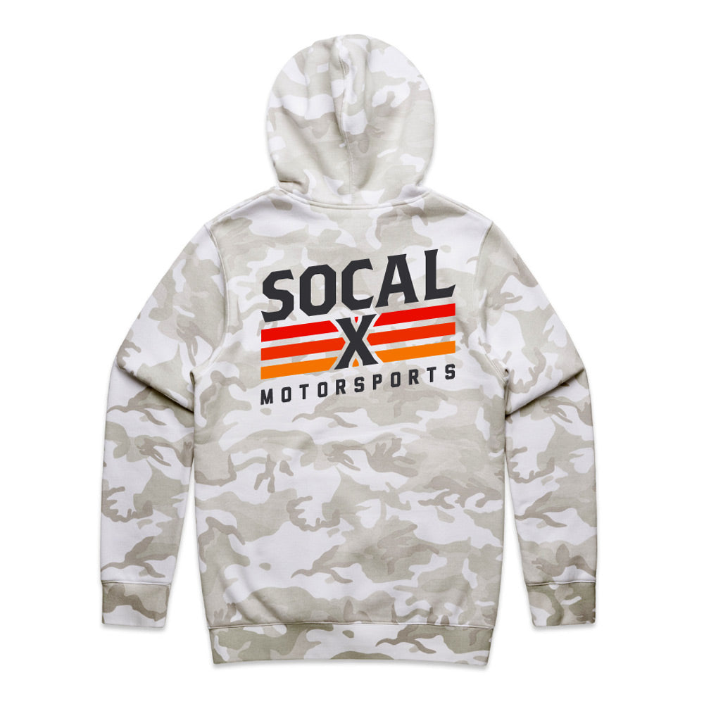 White & Grey Camo Hoodie with Socalx Motorsports Logo back view
