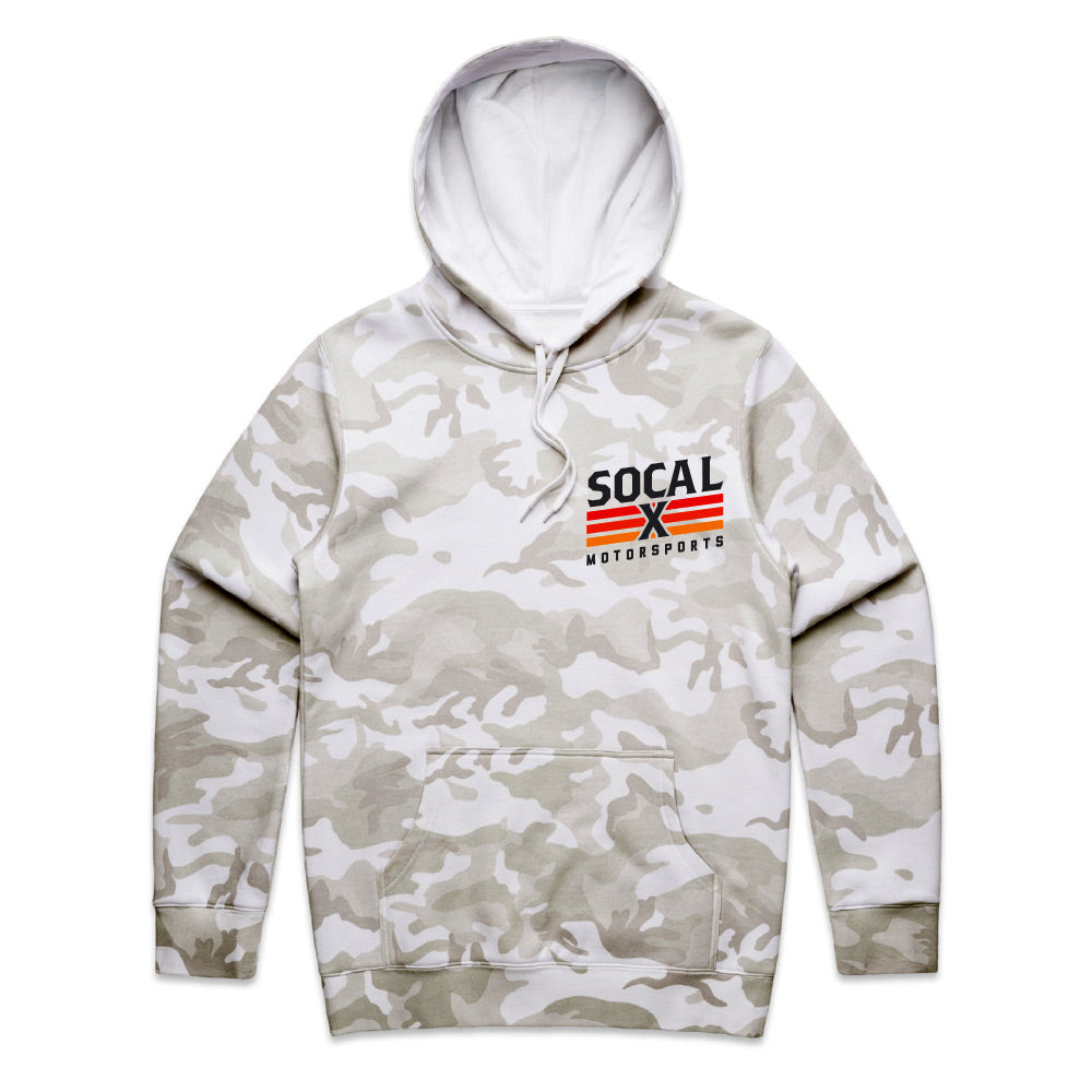 White & Grey Camo Hoodie with Socalx Motorsports Logo front view
