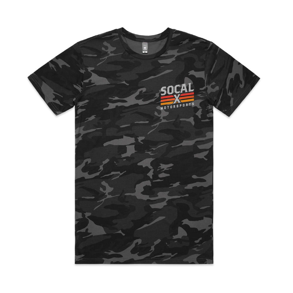 Men's Black & Grey Camo T-Shirt w Socalx Motorsports Logo front