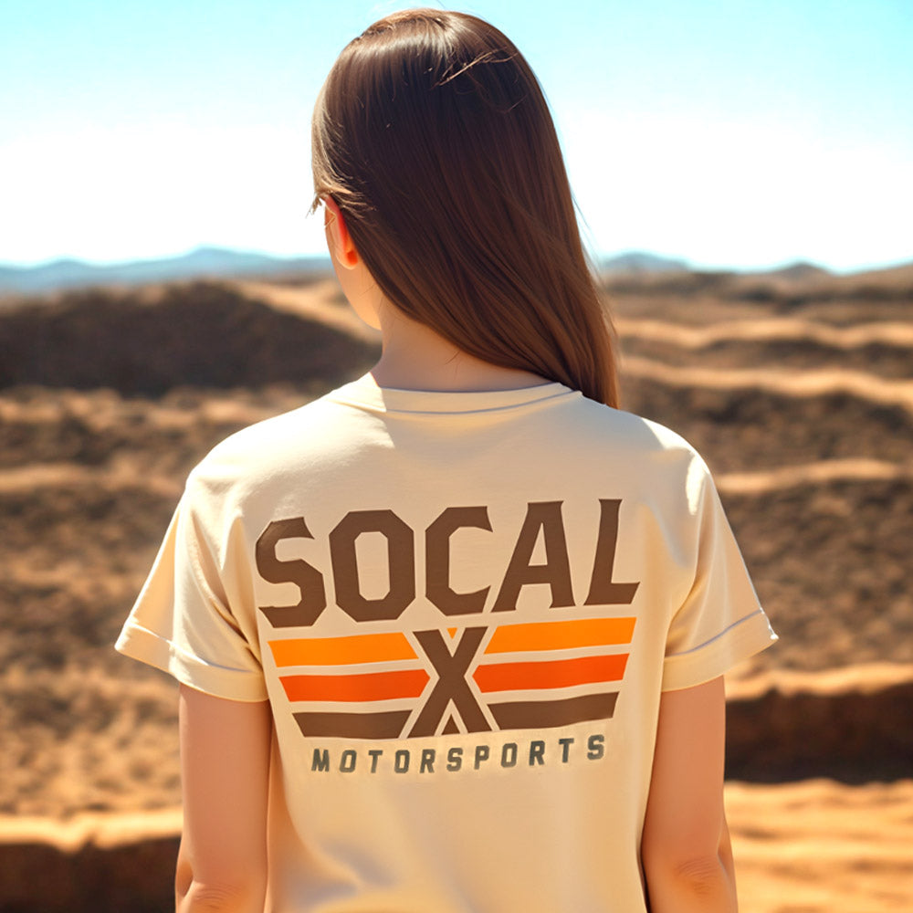 Women's Tan T-Shirt w Socalx Motorsports Logo rear