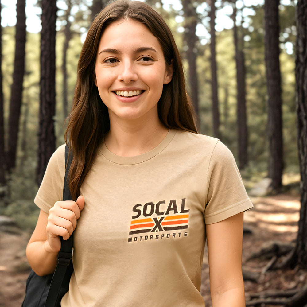 Women's Tan T-Shirt w Socalx Motorsports Logo front