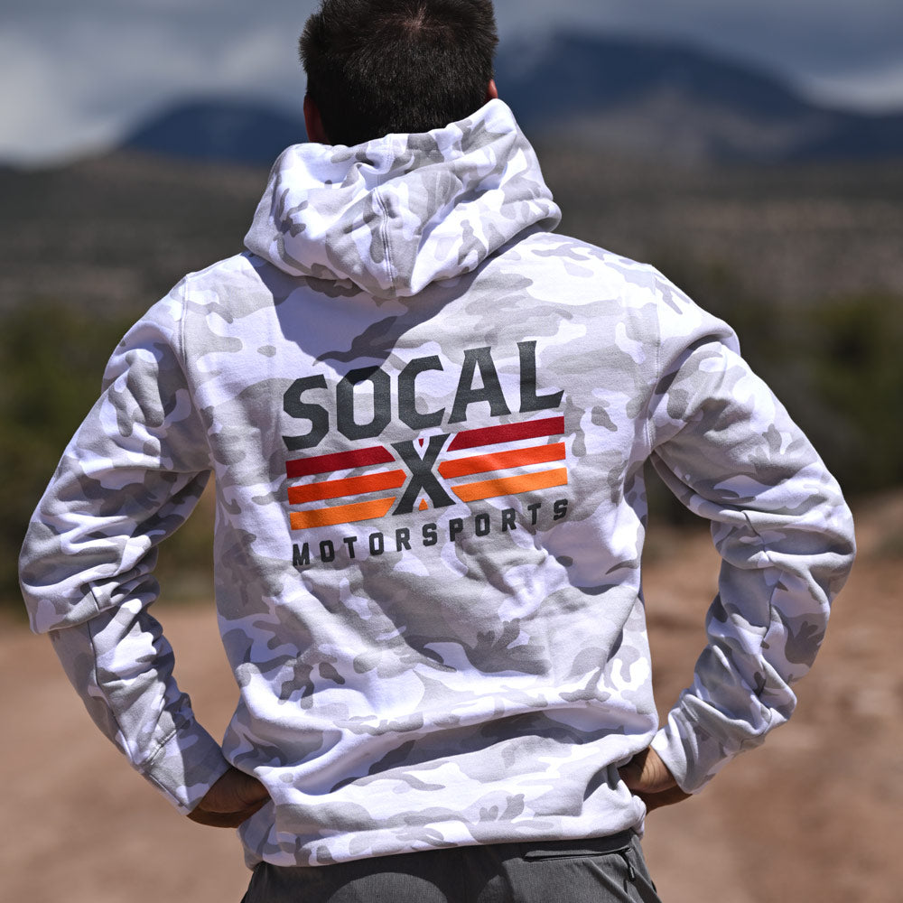 men's white camo hoodie with Socalx logo- back view